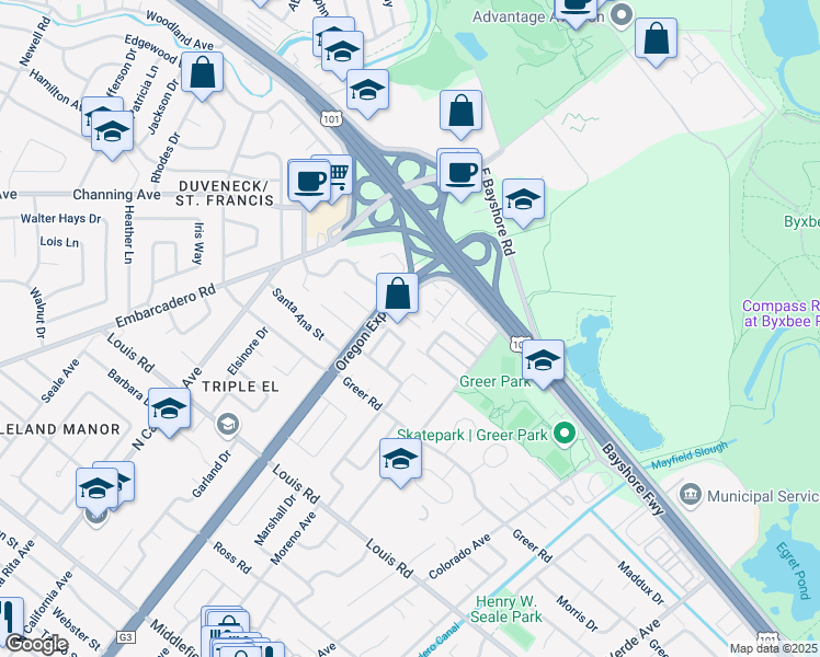 map of restaurants, bars, coffee shops, grocery stores, and more near 2468 Chabot Terrace in Palo Alto