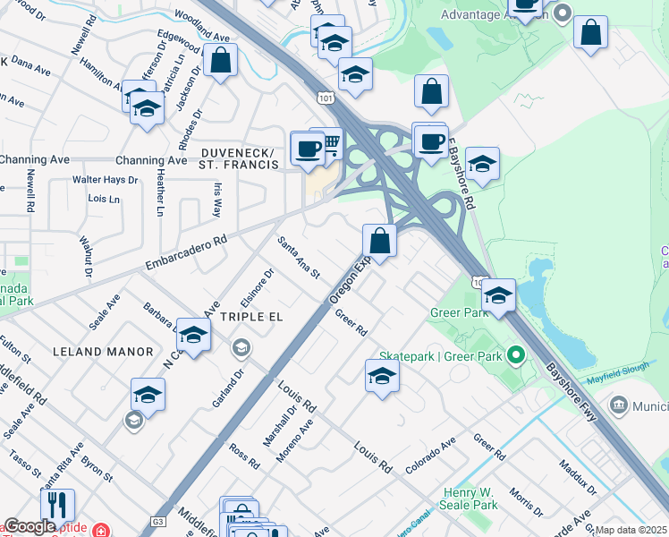 map of restaurants, bars, coffee shops, grocery stores, and more near 2386 Santa Catalina Street in Palo Alto