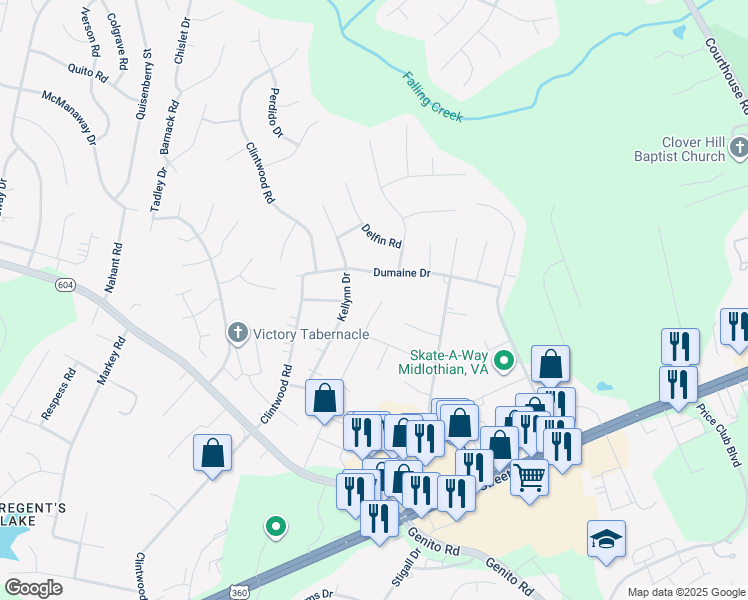 map of restaurants, bars, coffee shops, grocery stores, and more near 3200 Oak Meadow Lane in Midlothian