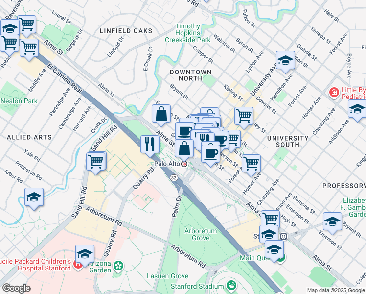 map of restaurants, bars, coffee shops, grocery stores, and more near 355 Alma Street in Palo Alto