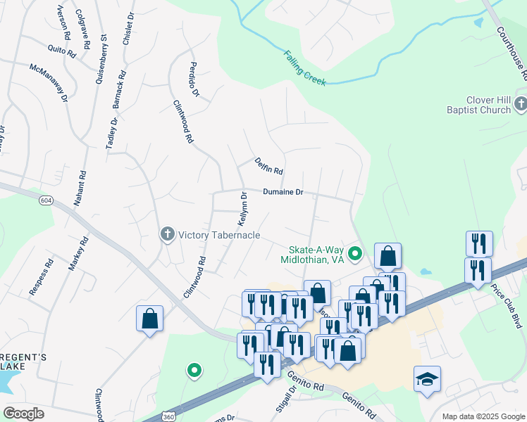 map of restaurants, bars, coffee shops, grocery stores, and more near 3200 Oak Meadow Lane in Midlothian
