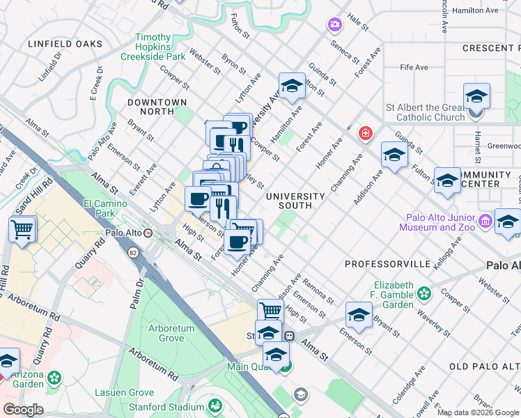 map of restaurants, bars, coffee shops, grocery stores, and more near 332 Forest Avenue in Palo Alto