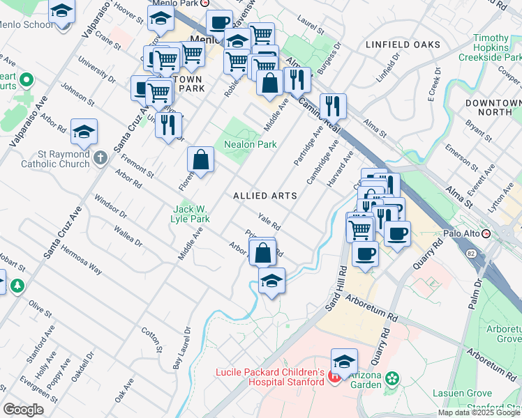 map of restaurants, bars, coffee shops, grocery stores, and more near 308 Yale Road in Menlo Park