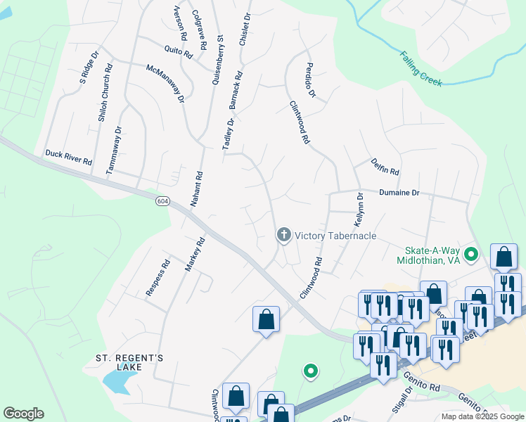 map of restaurants, bars, coffee shops, grocery stores, and more near 11906 Chestnut Creek Drive in Midlothian