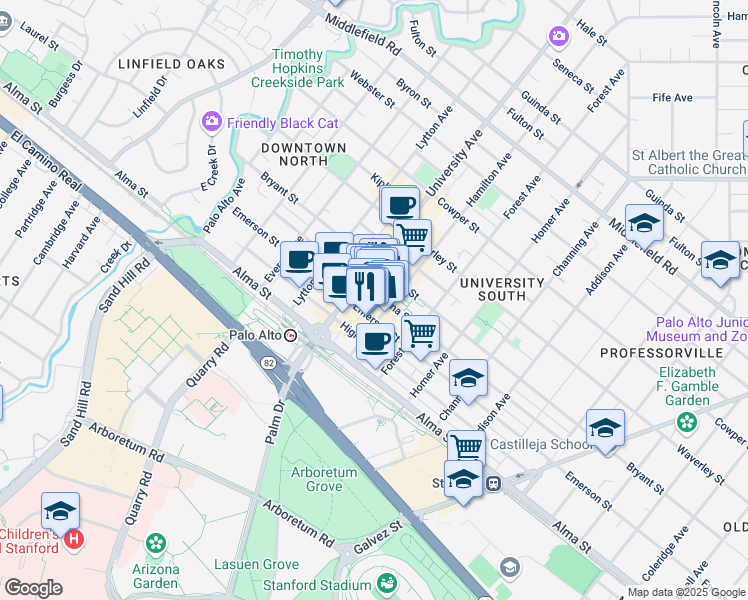 map of restaurants, bars, coffee shops, grocery stores, and more near 534 Ramona Street in Palo Alto