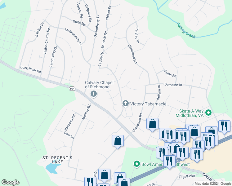 map of restaurants, bars, coffee shops, grocery stores, and more near 11906 Chestnut Creek Drive in Midlothian