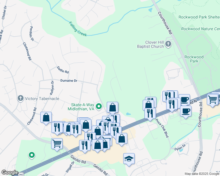 map of restaurants, bars, coffee shops, grocery stores, and more near 3206 Terrybluff Drive in Midlothian