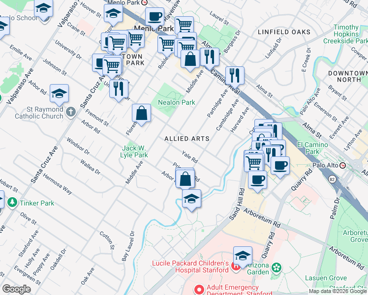 map of restaurants, bars, coffee shops, grocery stores, and more near 317 Yale Road in Menlo Park