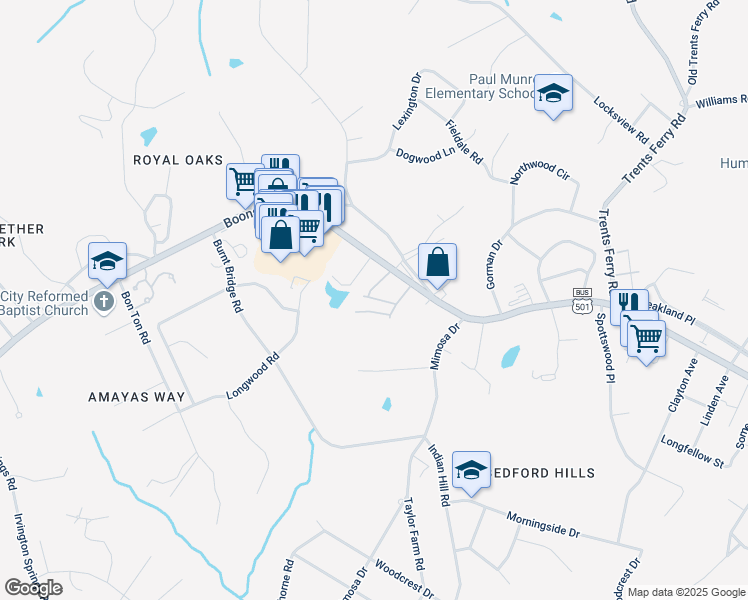 map of restaurants, bars, coffee shops, grocery stores, and more near 4715 Boonsboro Road in Lynchburg