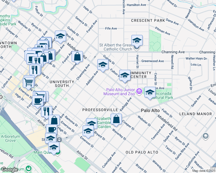 map of restaurants, bars, coffee shops, grocery stores, and more near 1150 Byron Street in Palo Alto