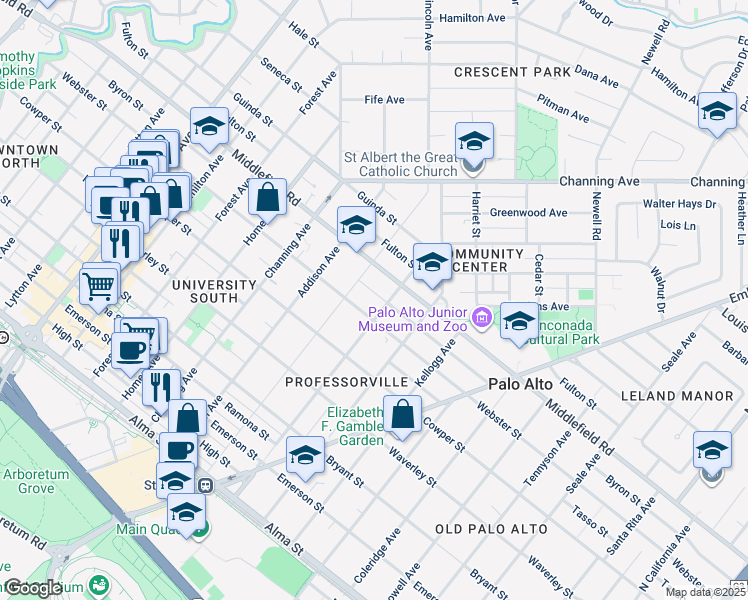 map of restaurants, bars, coffee shops, grocery stores, and more near 1150 Byron Street in Palo Alto