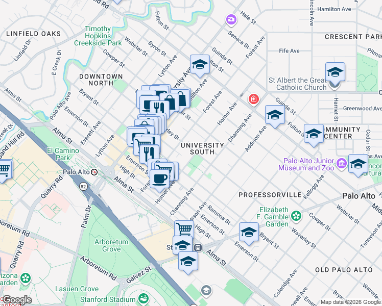 map of restaurants, bars, coffee shops, grocery stores, and more near 756 Waverley Street in Palo Alto