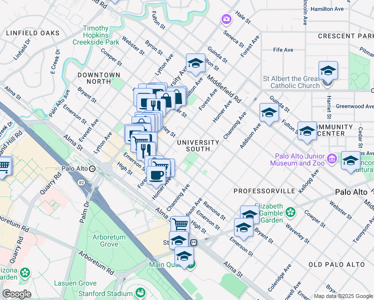 map of restaurants, bars, coffee shops, grocery stores, and more near 756 Waverley Street in Palo Alto