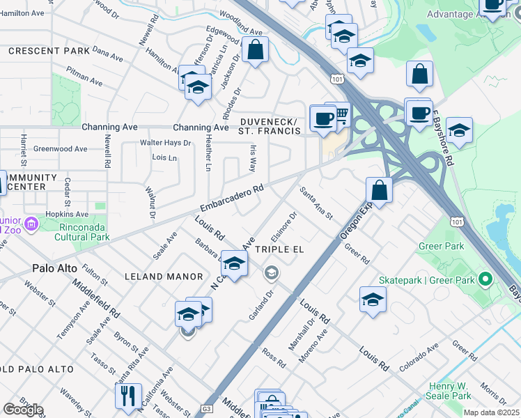 map of restaurants, bars, coffee shops, grocery stores, and more near 967 North California Avenue in Palo Alto