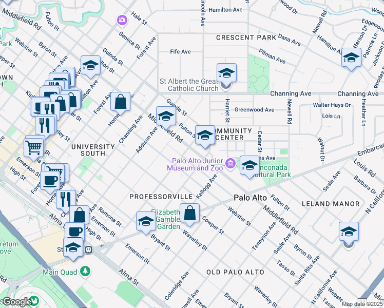 map of restaurants, bars, coffee shops, grocery stores, and more near 1218 Middlefield Road in Palo Alto