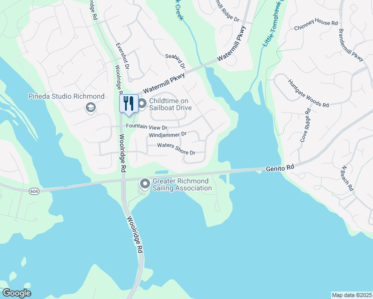 map of restaurants, bars, coffee shops, grocery stores, and more near 14536 Waters Shore Drive in Midlothian