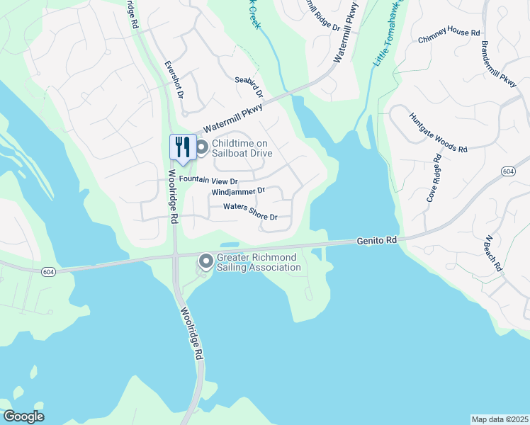 map of restaurants, bars, coffee shops, grocery stores, and more near 14536 Waters Shore Drive in Midlothian