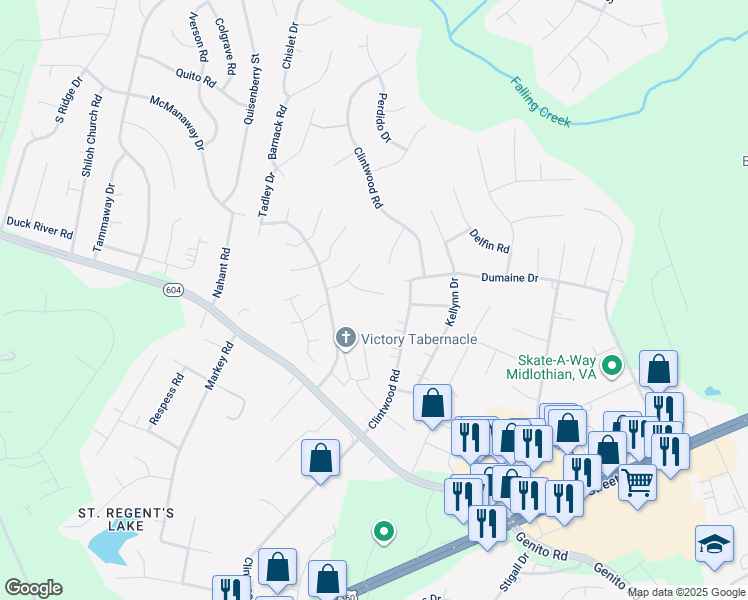 map of restaurants, bars, coffee shops, grocery stores, and more near 11719 Walnut Wood Court in Midlothian