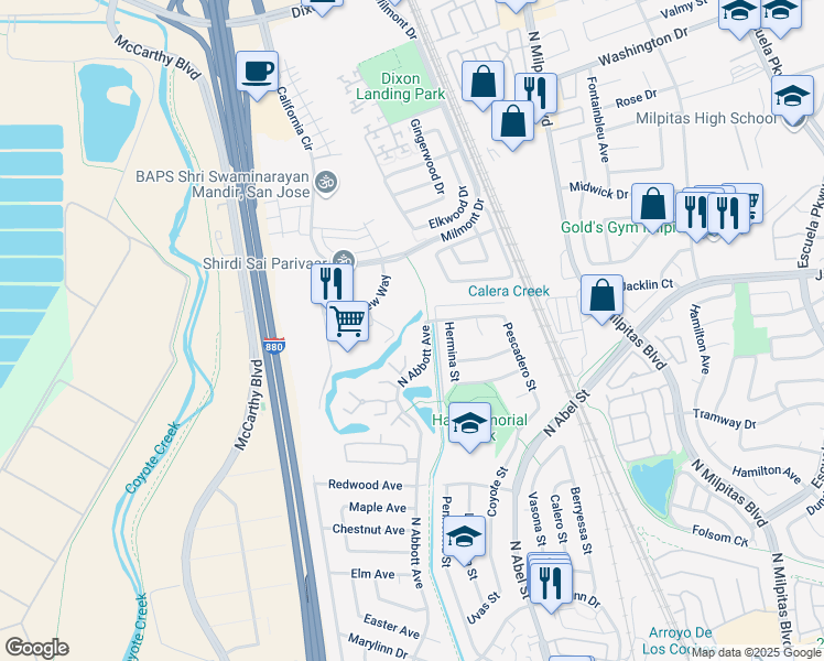 map of restaurants, bars, coffee shops, grocery stores, and more near 1198 North Abbott Avenue in Milpitas