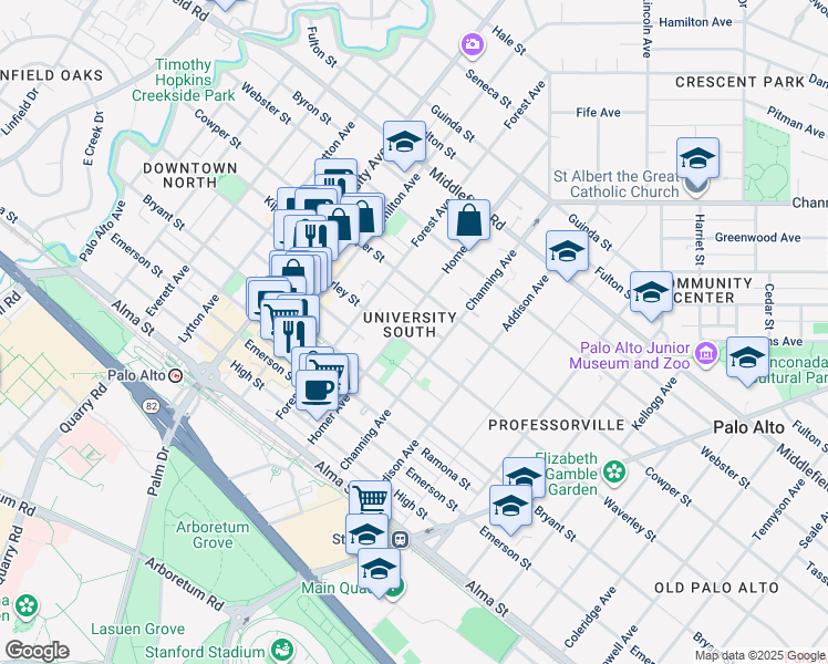 map of restaurants, bars, coffee shops, grocery stores, and more near 845 Waverley Street in Palo Alto
