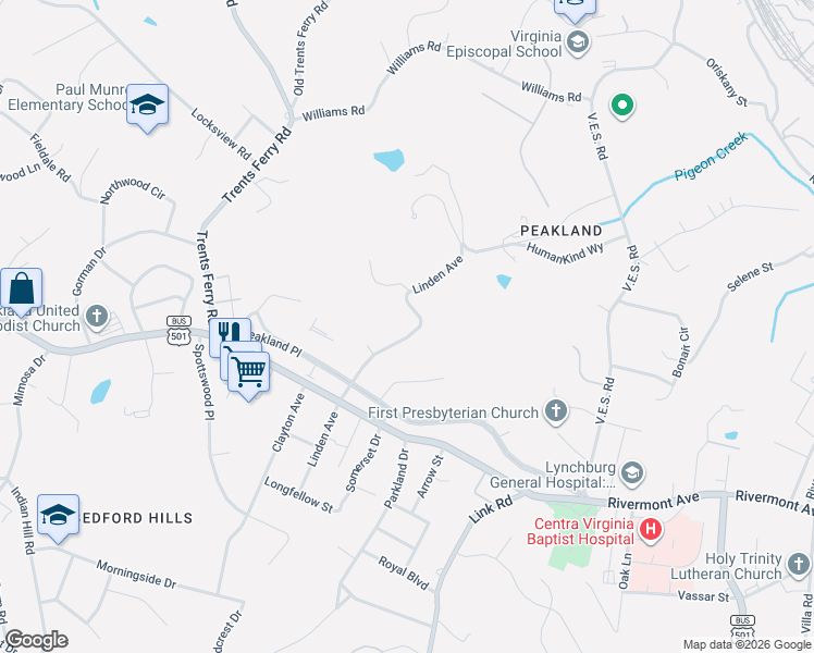 map of restaurants, bars, coffee shops, grocery stores, and more near 128 Linden Avenue in Lynchburg