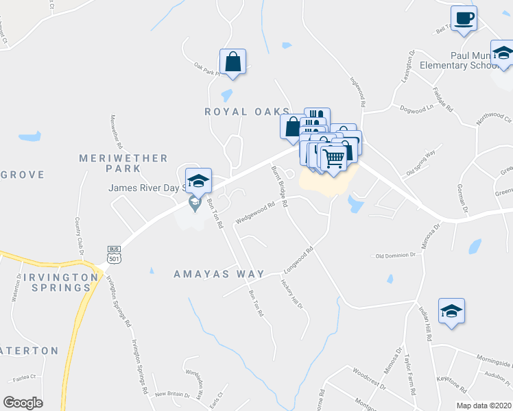 map of restaurants, bars, coffee shops, grocery stores, and more near 5116 Wedgewood Road in Lynchburg