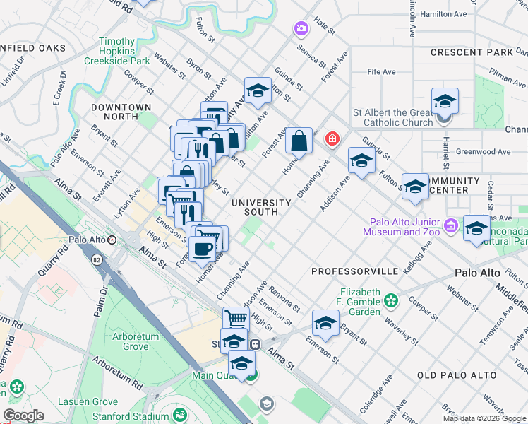 map of restaurants, bars, coffee shops, grocery stores, and more near 845 Waverley Street in Palo Alto