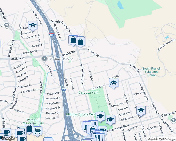 map of restaurants, bars, coffee shops, grocery stores, and more near 611 Prada Drive in Milpitas