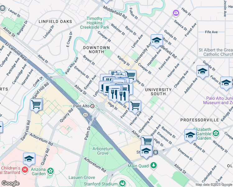 map of restaurants, bars, coffee shops, grocery stores, and more near 534 Ramona Street in Palo Alto