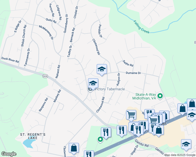 map of restaurants, bars, coffee shops, grocery stores, and more near 11719 Walnut Wood Court in Midlothian