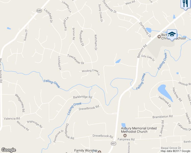 map of restaurants, bars, coffee shops, grocery stores, and more near 7105 Winding Creek Lane in Chesterfield