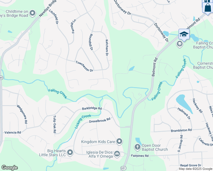 map of restaurants, bars, coffee shops, grocery stores, and more near 7105 Winding Creek Lane in Chesterfield