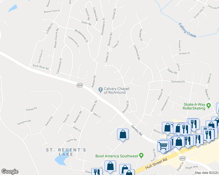 map of restaurants, bars, coffee shops, grocery stores, and more near 12006 Hazelnut Branch Terrace in Midlothian