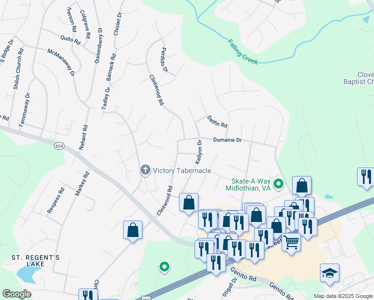map of restaurants, bars, coffee shops, grocery stores, and more near 11420 Elshur Road in Midlothian