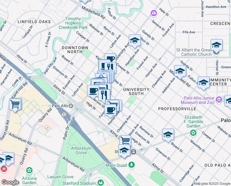 map of restaurants, bars, coffee shops, grocery stores, and more near 707 Bryant Street in Palo Alto