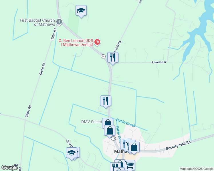 map of restaurants, bars, coffee shops, grocery stores, and more near 10328 Buckley Hall Road in Mathews