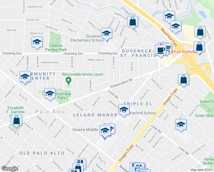 map of restaurants, bars, coffee shops, grocery stores, and more near in Palo Alto