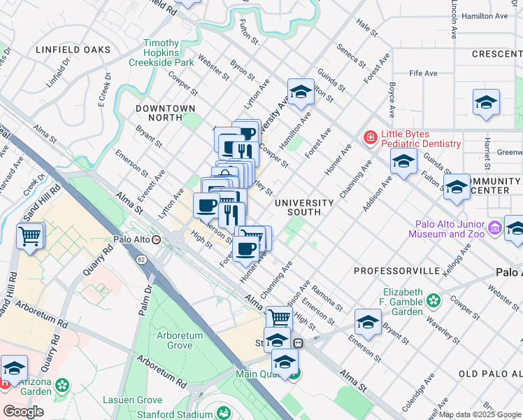 map of restaurants, bars, coffee shops, grocery stores, and more near 707 Bryant Street in Palo Alto