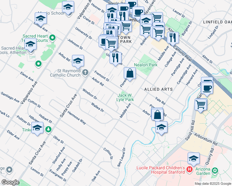 map of restaurants, bars, coffee shops, grocery stores, and more near 600 Arbor Road in Menlo Park