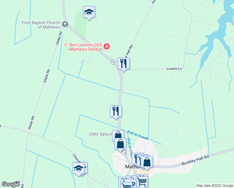 map of restaurants, bars, coffee shops, grocery stores, and more near 10328 Buckley Hall Road in Mathews