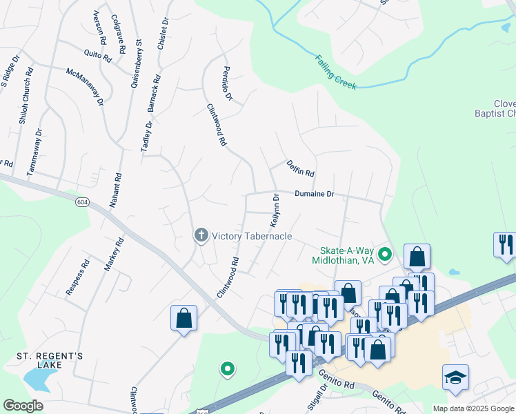 map of restaurants, bars, coffee shops, grocery stores, and more near 11420 Elshur Road in Midlothian