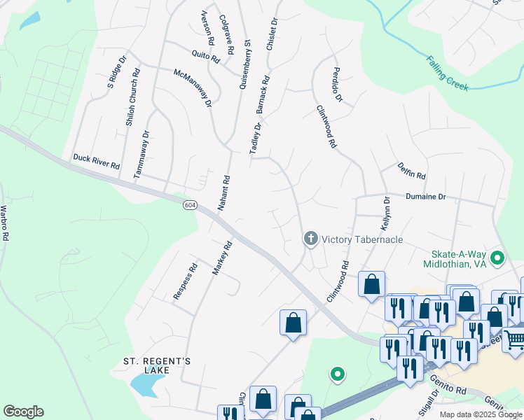 map of restaurants, bars, coffee shops, grocery stores, and more near 12006 Hazelnut Branch Terrace in Midlothian