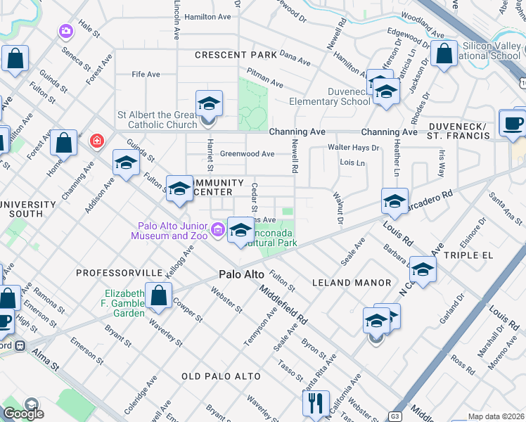 map of restaurants, bars, coffee shops, grocery stores, and more near 1321 Hopkins Avenue in Palo Alto
