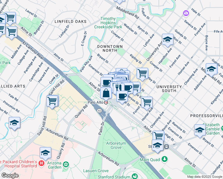 map of restaurants, bars, coffee shops, grocery stores, and more near 130 Lytton Avenue in Palo Alto