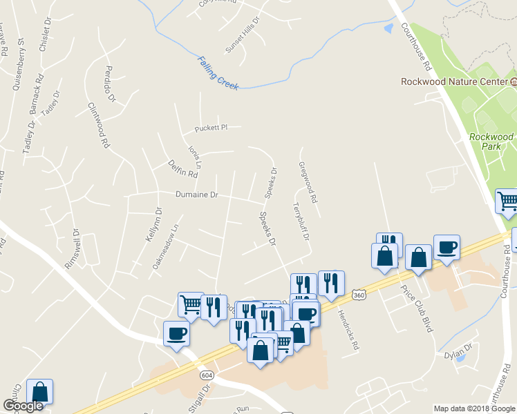map of restaurants, bars, coffee shops, grocery stores, and more near 3100 Speeks Drive in Midlothian