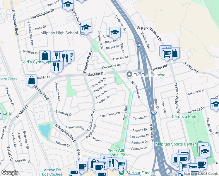 map of restaurants, bars, coffee shops, grocery stores, and more near 685 Parvin Drive in Milpitas