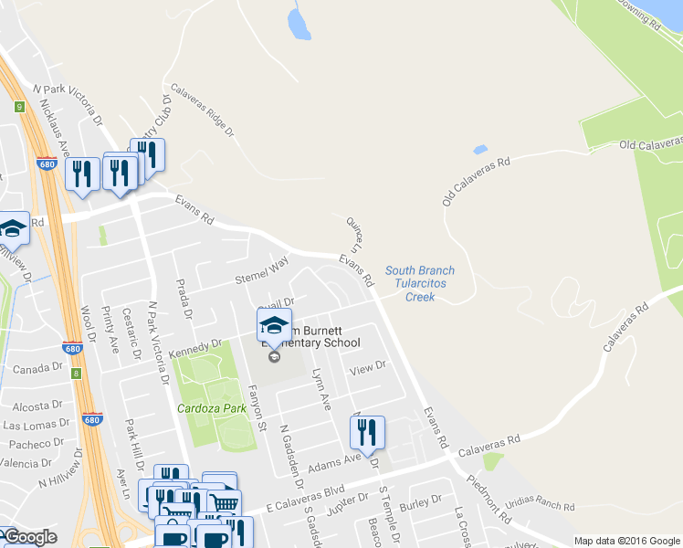 map of restaurants, bars, coffee shops, grocery stores, and more near 507 Alexander Way in Milpitas