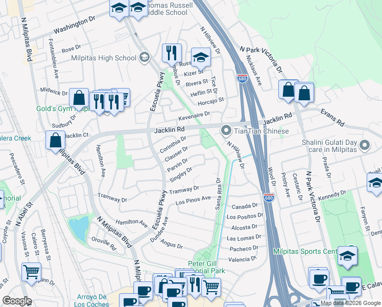 map of restaurants, bars, coffee shops, grocery stores, and more near 685 Parvin Drive in Milpitas