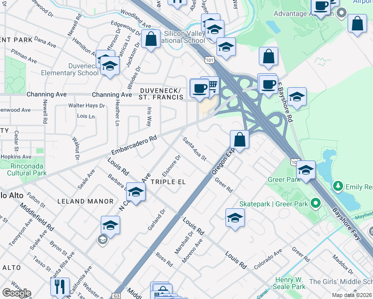 map of restaurants, bars, coffee shops, grocery stores, and more near 2305 Greer Road in Palo Alto