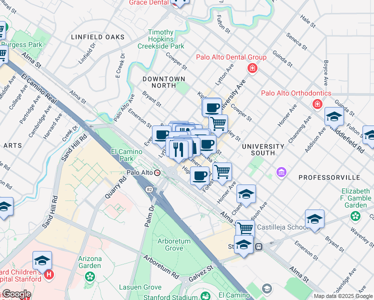map of restaurants, bars, coffee shops, grocery stores, and more near 172 University Avenue in Palo Alto